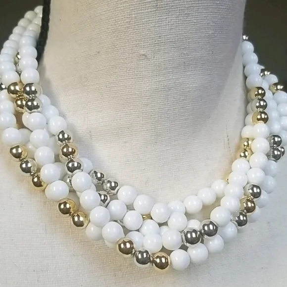 Vintage 1950s Mid Century Choker Beaded Gold & Silver Tone Multi-Strand Necklace - Picture 6 of 15